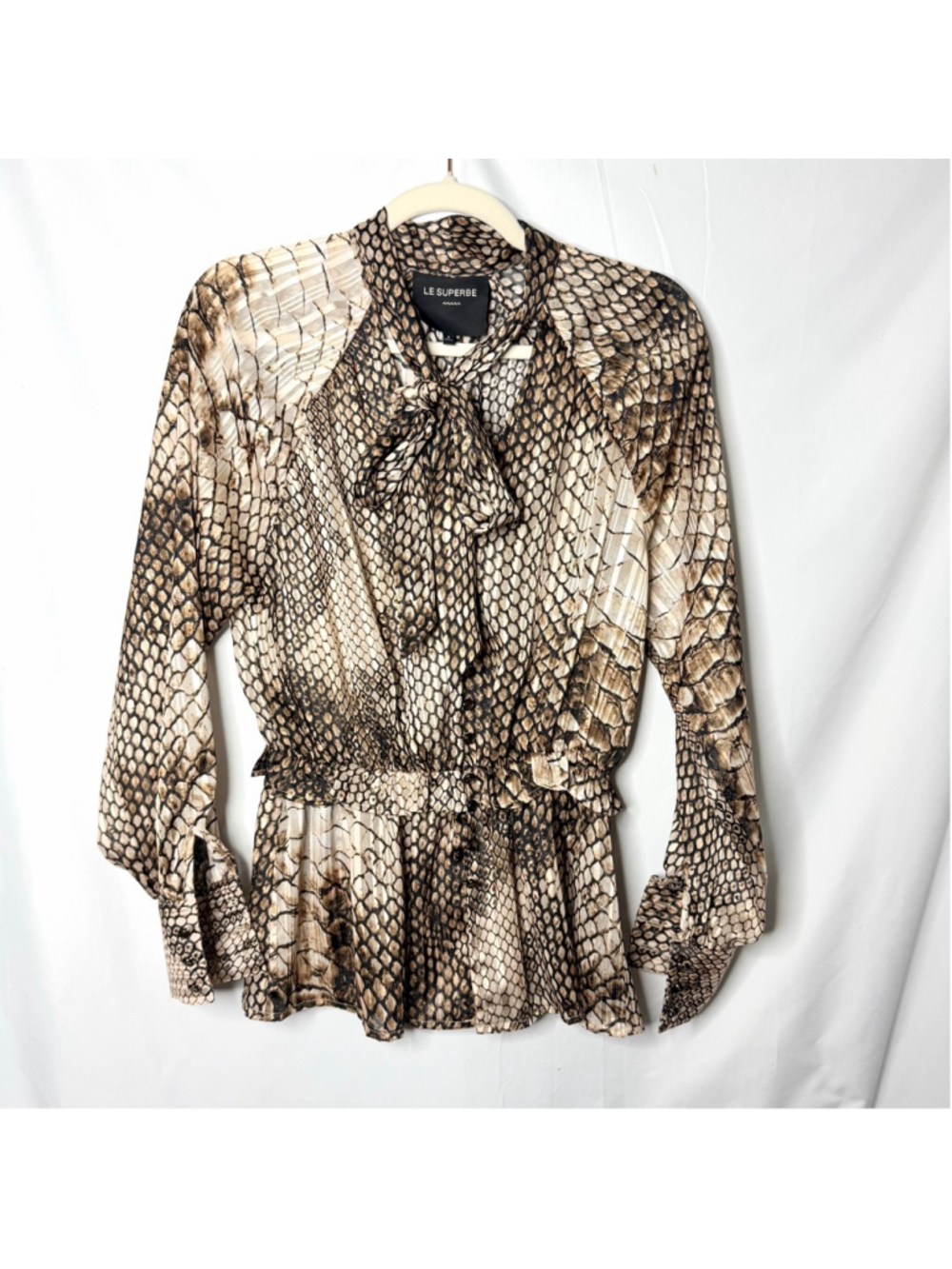 Women's LE SUPERBE Brown Black Snake Print Button Down Tie Neck Blouse Size 4